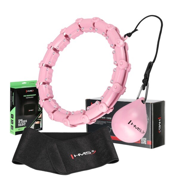 Sada růžové masážní Hula Hoop se závažím HMS HHW11 a zeštíhlujícího bederního pásu HMS BR163 PLUS SIZE